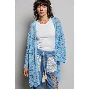 POL Openwork Lightweight Open Front Cardigan with Scalloped Edge ,size S,M,L.